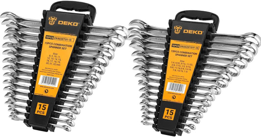 DEKOPRO Combination Wrench Set, SAE or Metric, 15-piece, 1/4'' to 1'' or 8-22mm, 12-Point, w/Tray