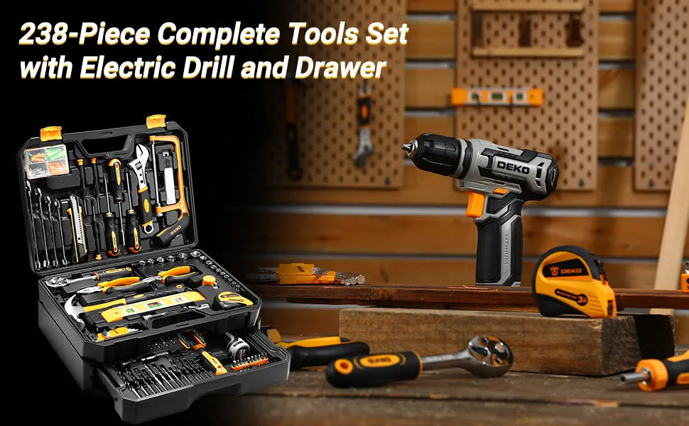 Kit Box Drill Set：Home Mechanic Toolbox with 12V Power Cordless Drill Hand Repair & Storage