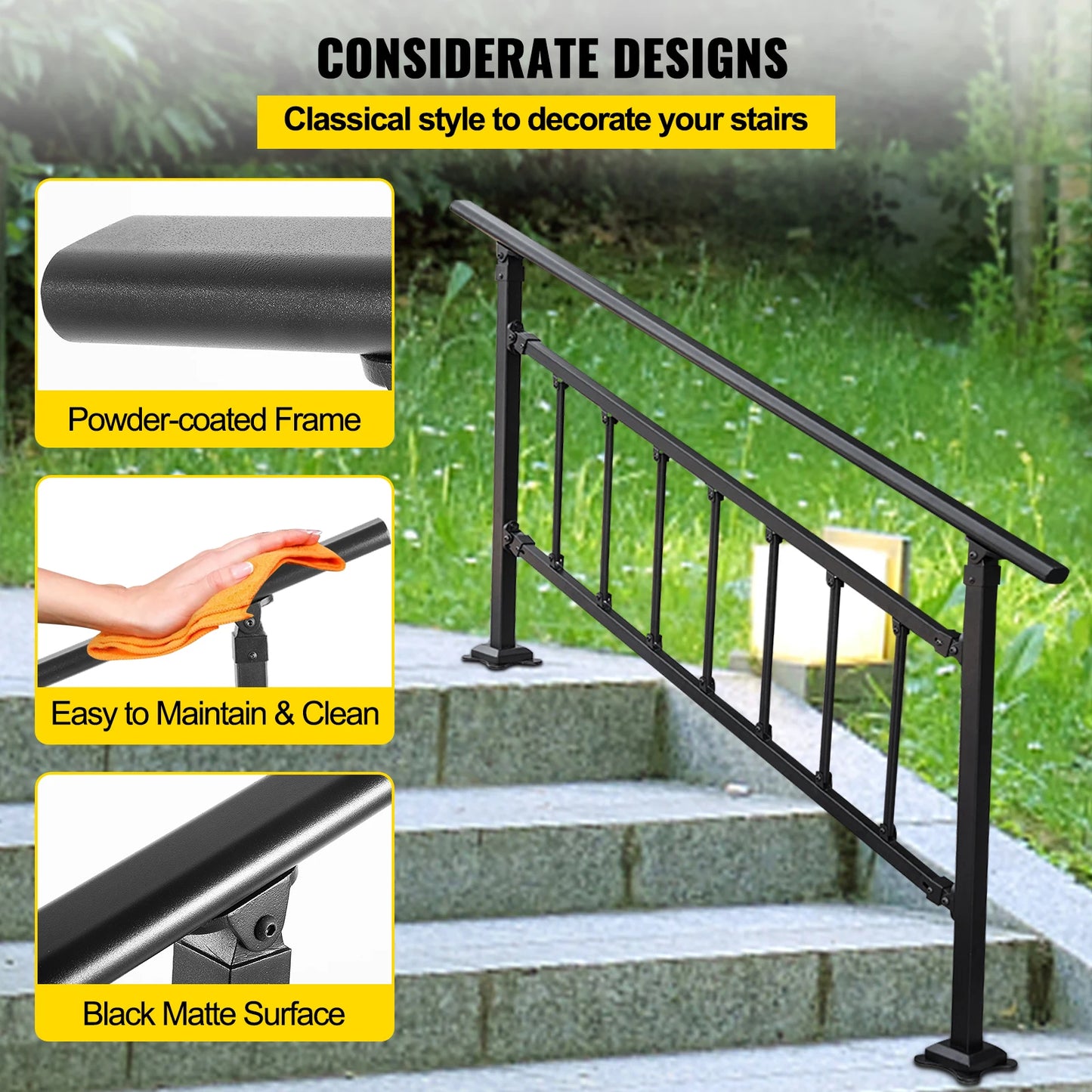 VEVOR Outdoor Stair Railing Fits 1-5 Steps Transitional Handrail Adjustable Exterior Stair Railing