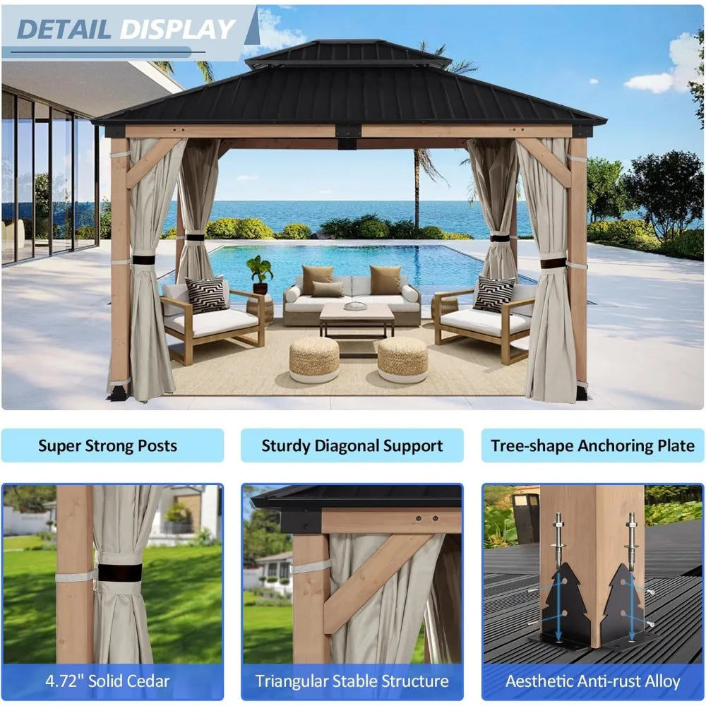 Wood Gazebo 10x12 ft –Gazebo Wooden with Double Metal Roof with Mosquito Netting