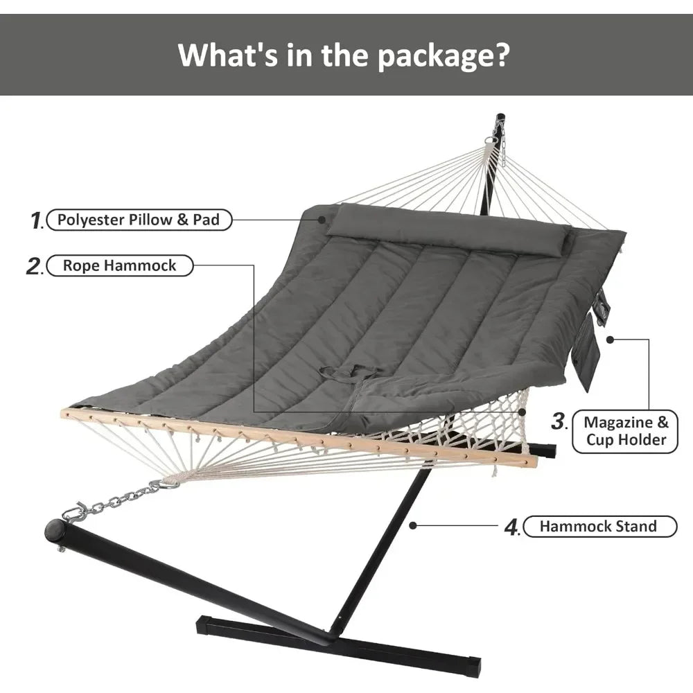 Double Outdoor Hammock with Stand, Two Person Cotton Rope Hammock with Polyester Pad, Dark Gray