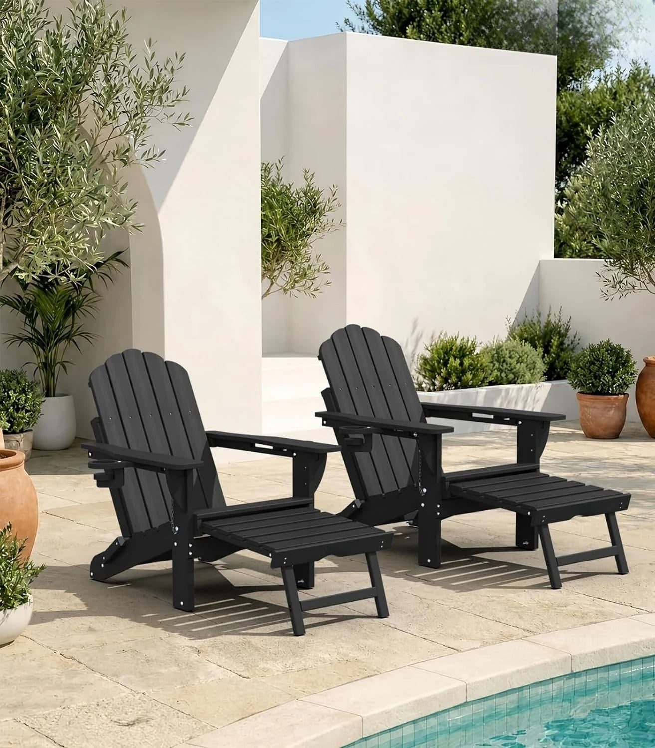 All Weather HDPE Adirondack Rocking Chairs Set Of 2, Foldable Patio Rockers /Retractable Ottoman