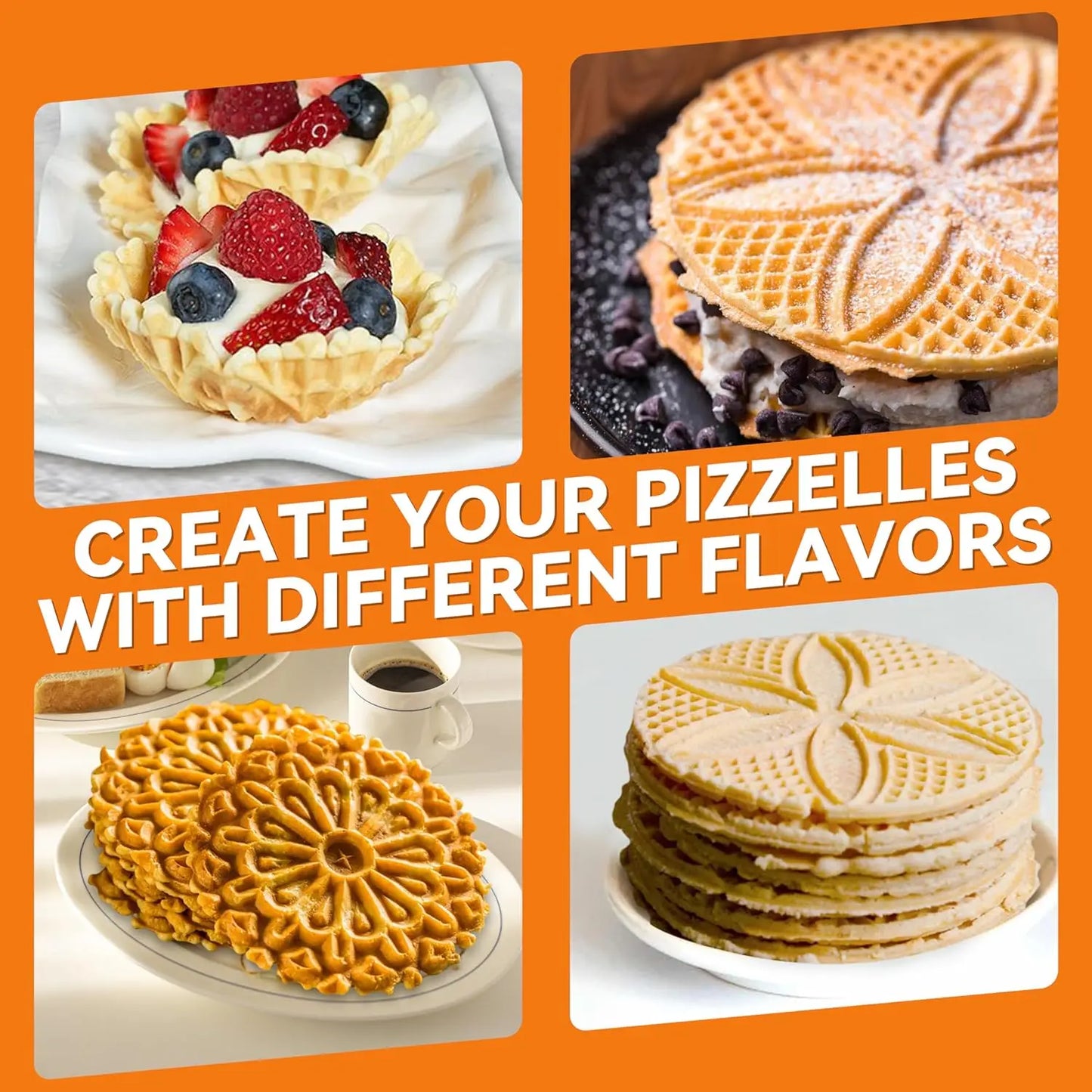 Multi Pizzelle Maker Electric, Stroopwafel Iron, 4 x 4.5'' Pizzelle Waffle Cookies Maker