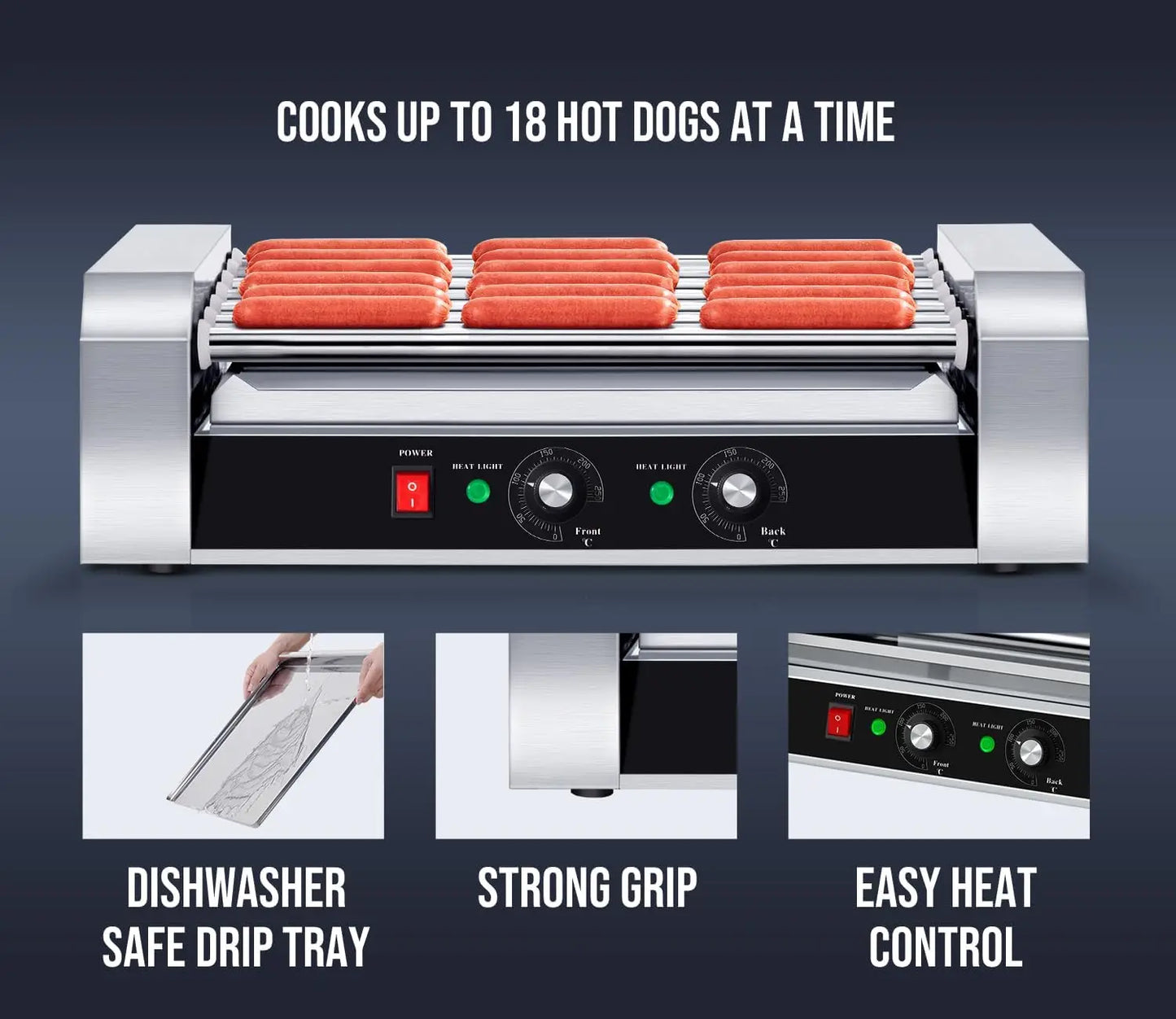 SYBO Hot Dog Roller, 18 Hot Dog 7 Roller Grill Cooker Machine w/Stainless Steel Drip Tray, 1000-Watts