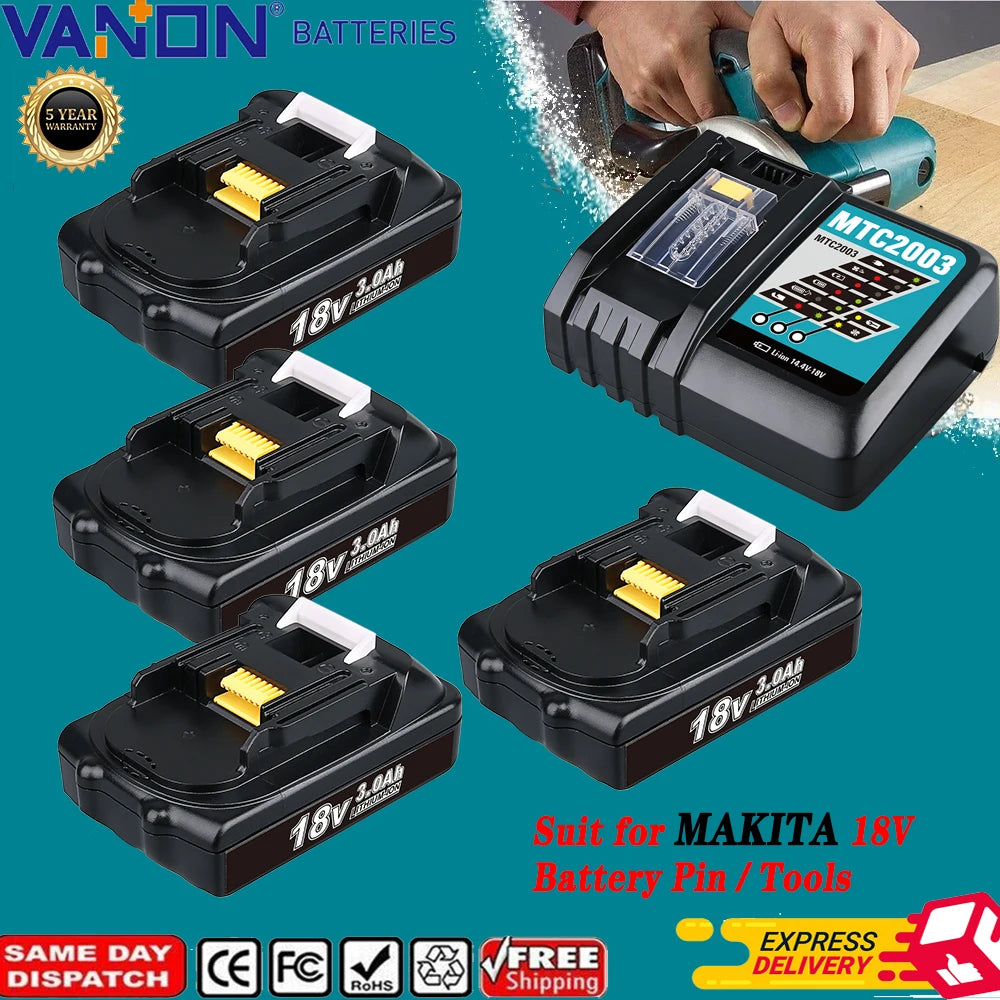 VANON 1/2/4Pcs 3.0Ah BL1830-Makita 18V BL1815 BL1850 BL1860 BL1890+DC18RC 14.4-18V 3A Charger