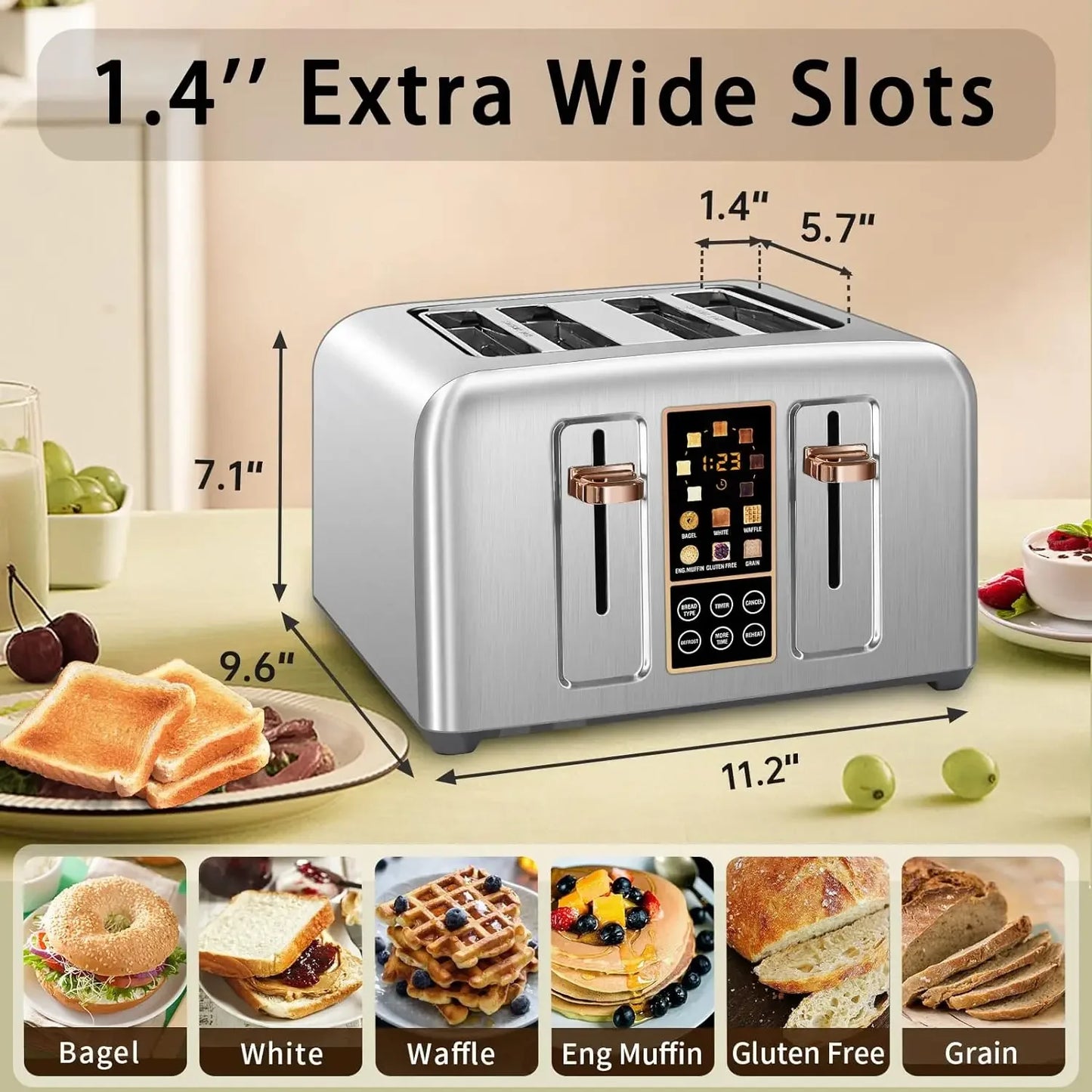 Toaster 4 Slice, Stainless LCD Display, Touch Button, 6 Bread Selection, 7 Shade Setting 1.4'' SlotS