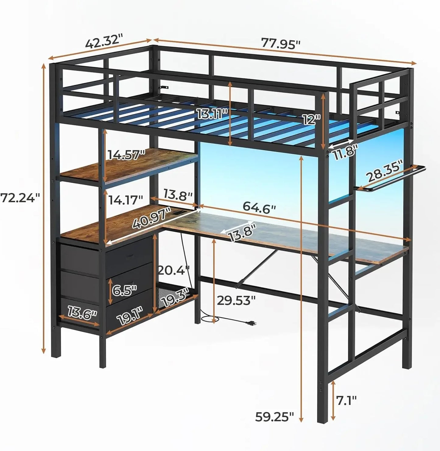 Bed Frame Twin Size w/3 Storage Shelves & 3 Fabric Drawers, Guard & Ladder, No Box Spring Needed