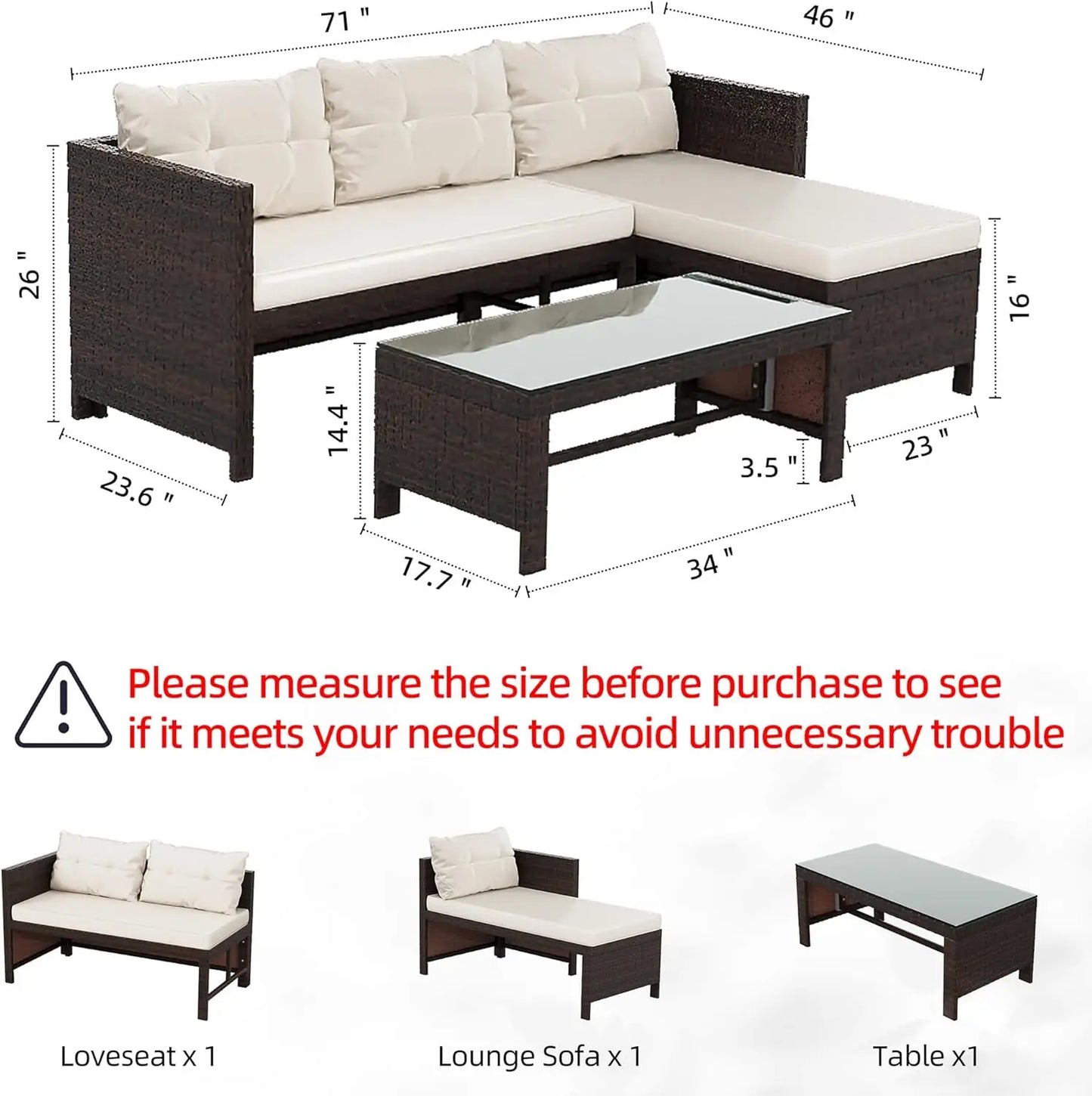 Outdoor Patio Furniture Sets, Wicker Patio sectional Sets 3-Piece, All Weather Wicker Rattan Patio