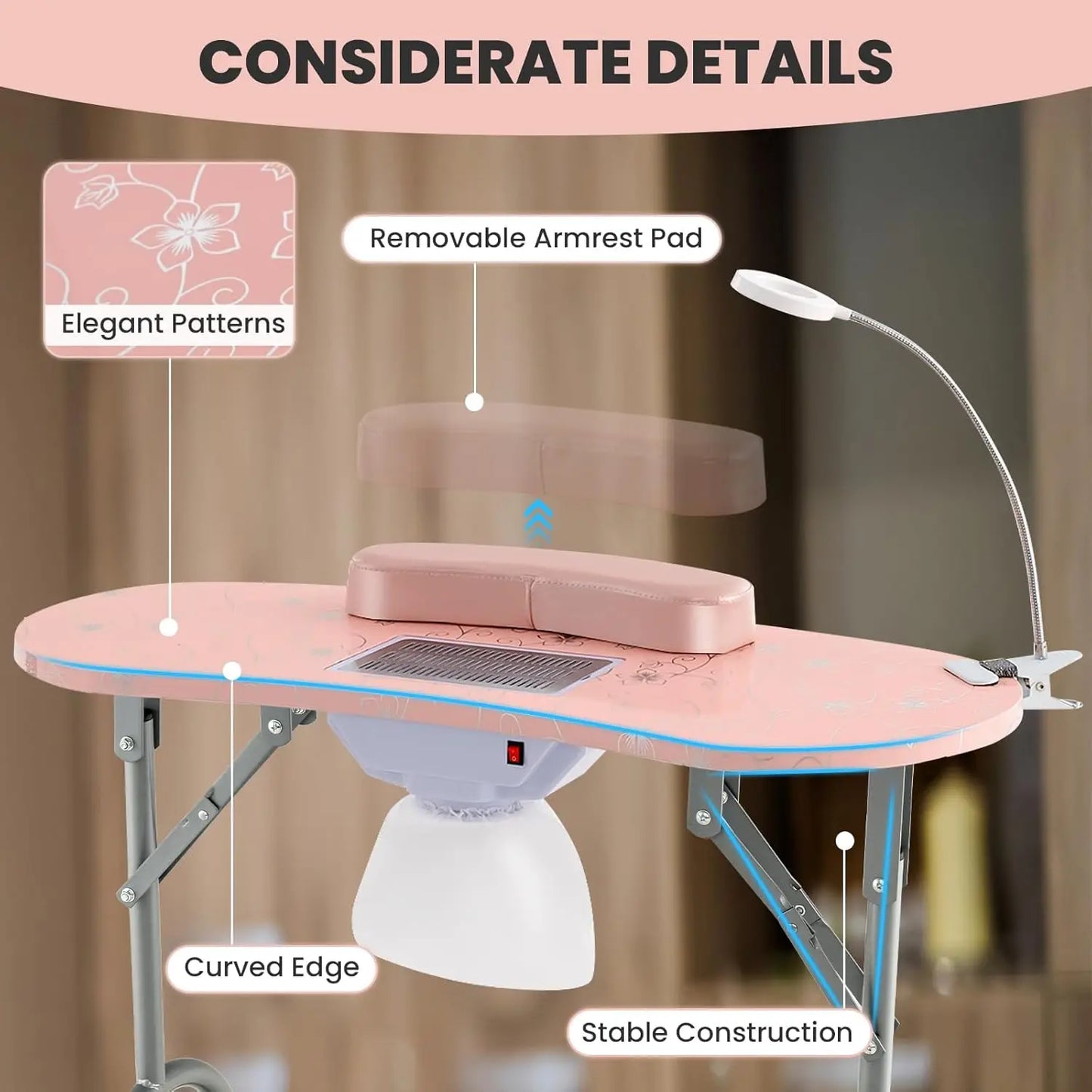 Portable Nail Table, Foldable Nail Technician Desk w/Electric Dust Collector, Bendable LED Lamp