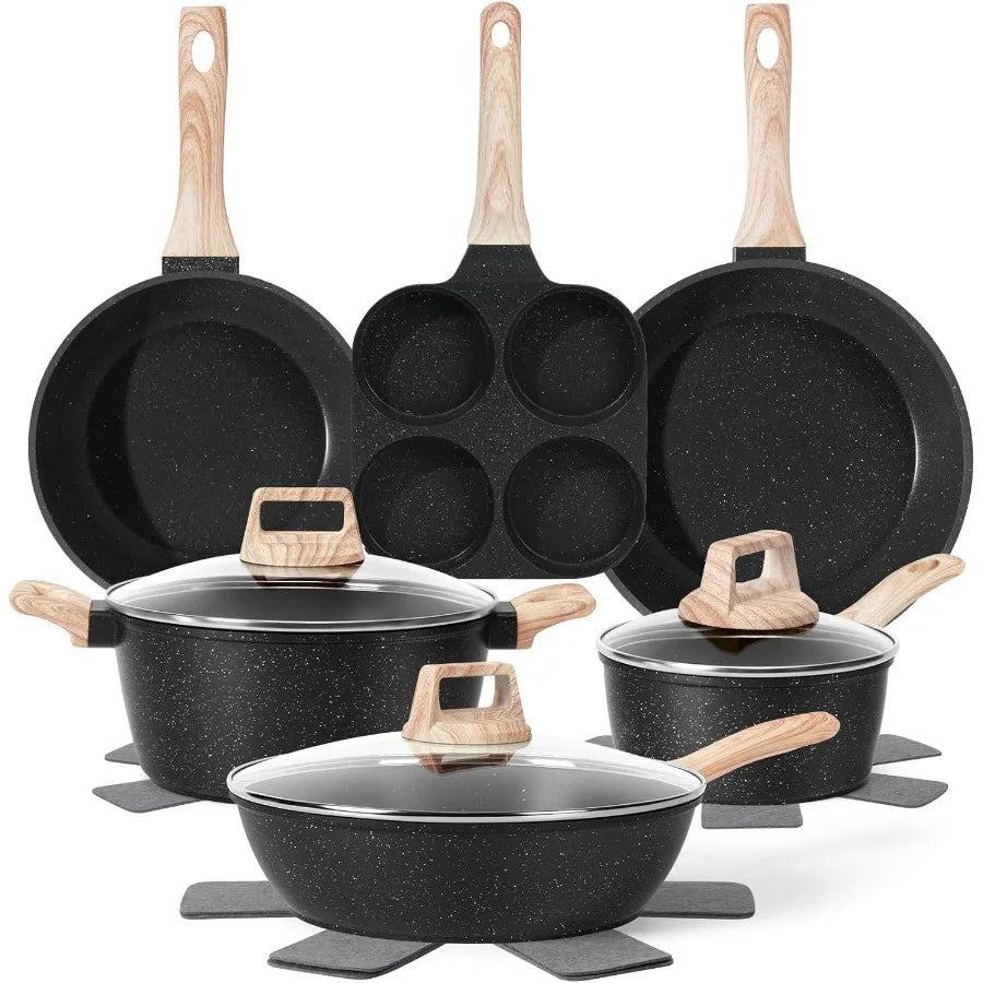 13 Pcs Pots and Pans Set Nonstick Cookware Sets Black Granite Induction Cookware Nontoxic Healthy