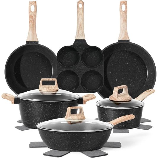 13 Pcs Pots and Pans Set Nonstick Cookware Sets Black Granite Induction Cookware Nontoxic Healthy