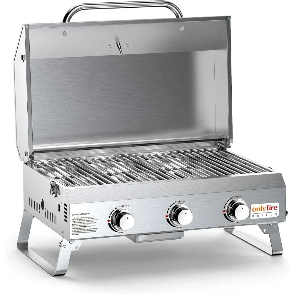 Tabletop Gas Grill 3 Burners, 24" Stainless Steel Portable Propane Grill with Foldable Legs