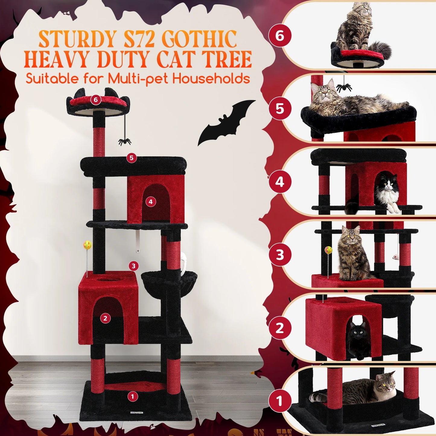 Heavy Duty Gothic Cat Tree for Large Cats, Sturdy 72' Tall for Cats over 20 lbs+