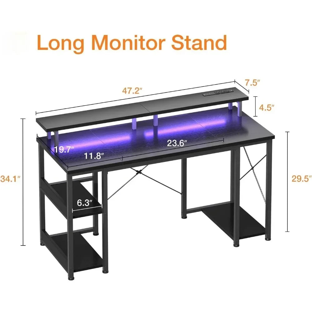 Computer Desk, 48" Gaming Desk/LED Lights & Power Outlets, w/Monitor Stand & Storage Shelves