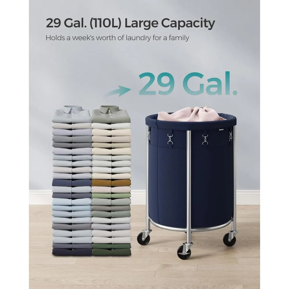 SONGMICS Laundry Basket with Wheels, Rolling Laundry Hamper, 29 Gal w/ Steel Frame and Removable Bag