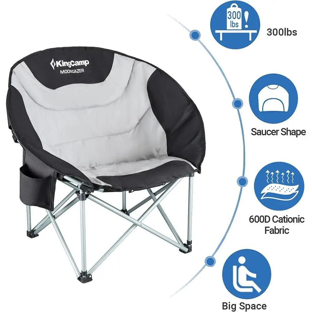 Oversized Cushioned Moon Saucer Folding Camping Chairs with Cup Holders (Black, Set of 2)