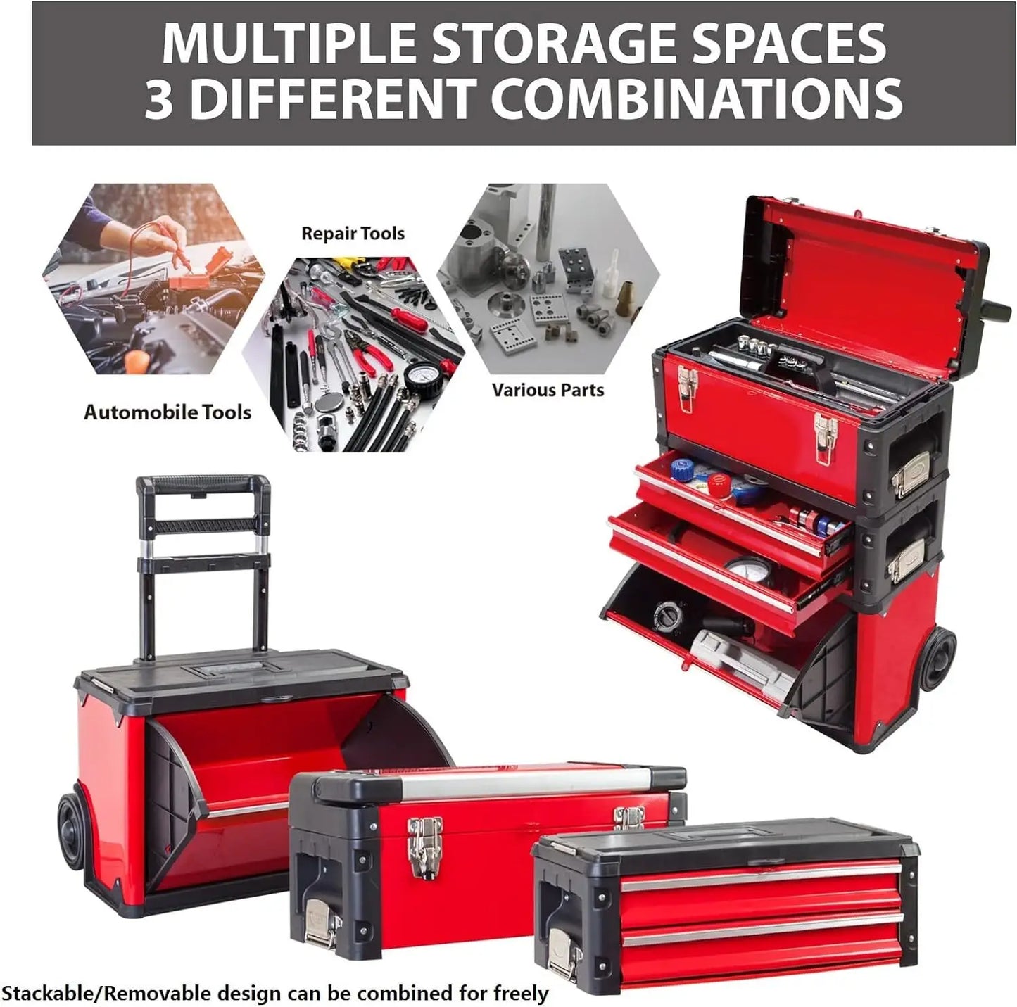 BIG RED Stackable Portable Metal Tool box Organizer w/Wheels and 2 Drawers, Rolling Tool Chest