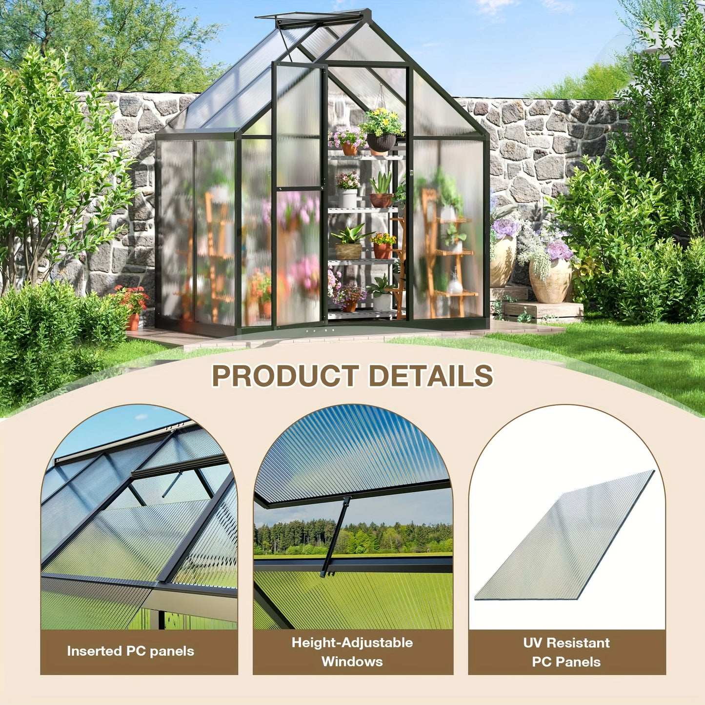Polar Aurora 4x6FT Polycarbonate Greenhouse, PC Panels & Aluminum Frame w/ Vent Roof - UV Protection