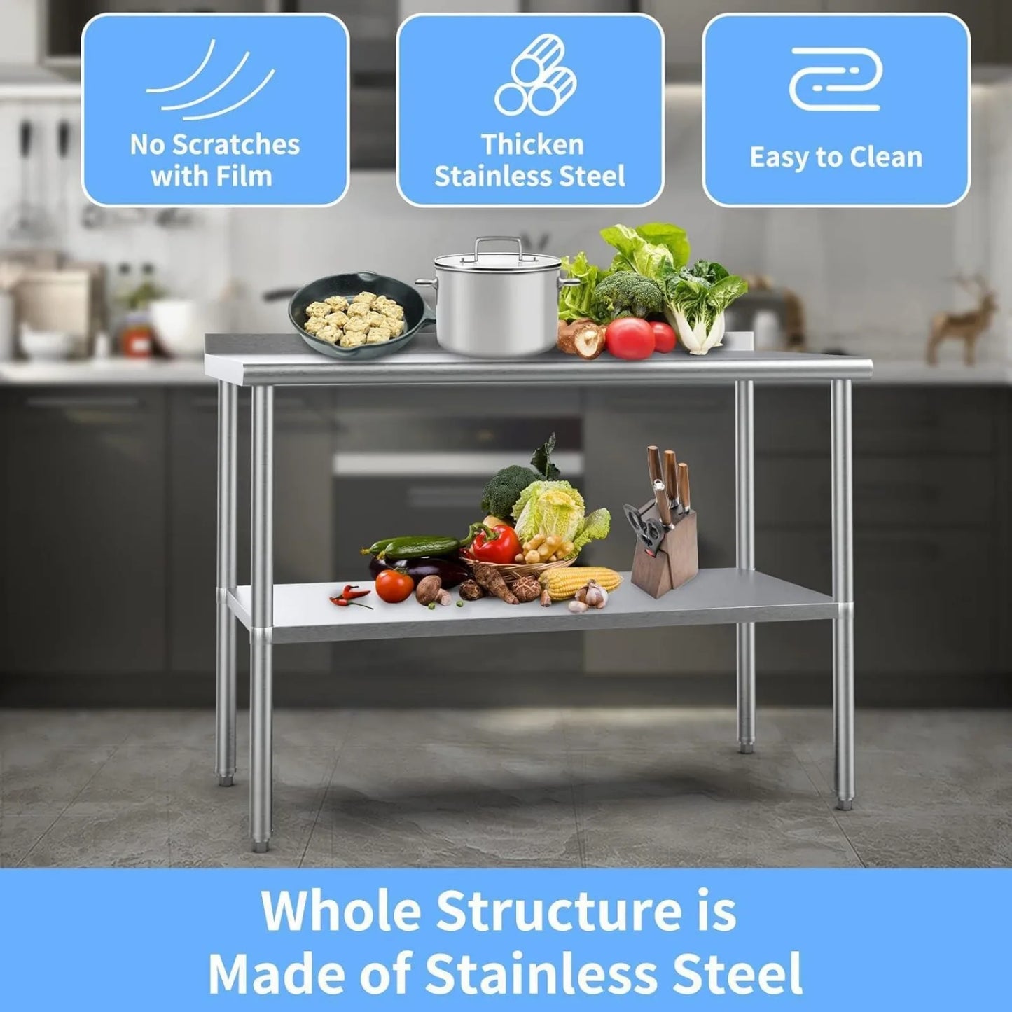 US 24''Casters Heavy Duty Stainless Steel Table Prep & Work/Backsplash/Undershelf Tables