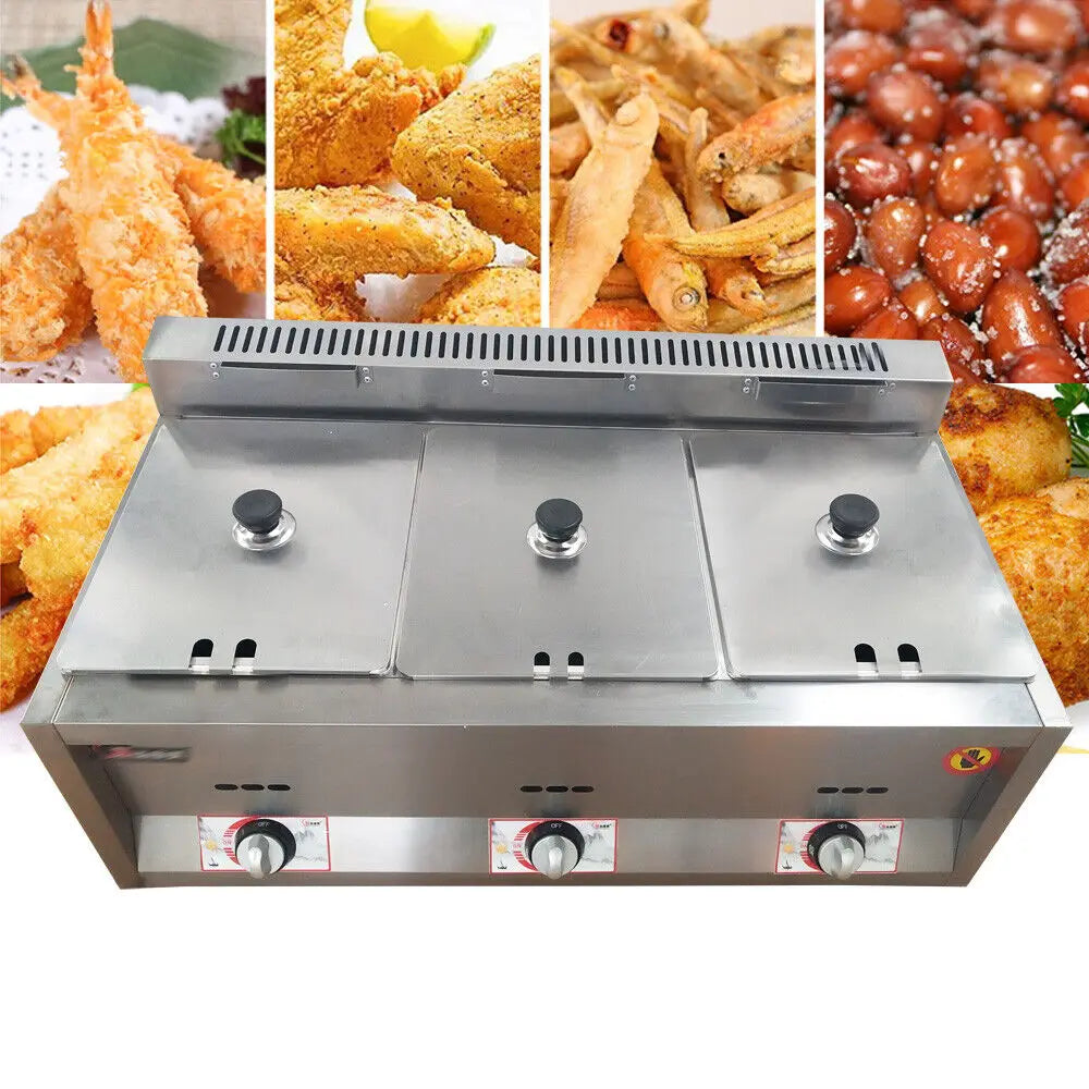 3 Pan Gas Fryer Catering Food Warmer Steam Table Buffet Restaurant 3 Well Deep Fryer