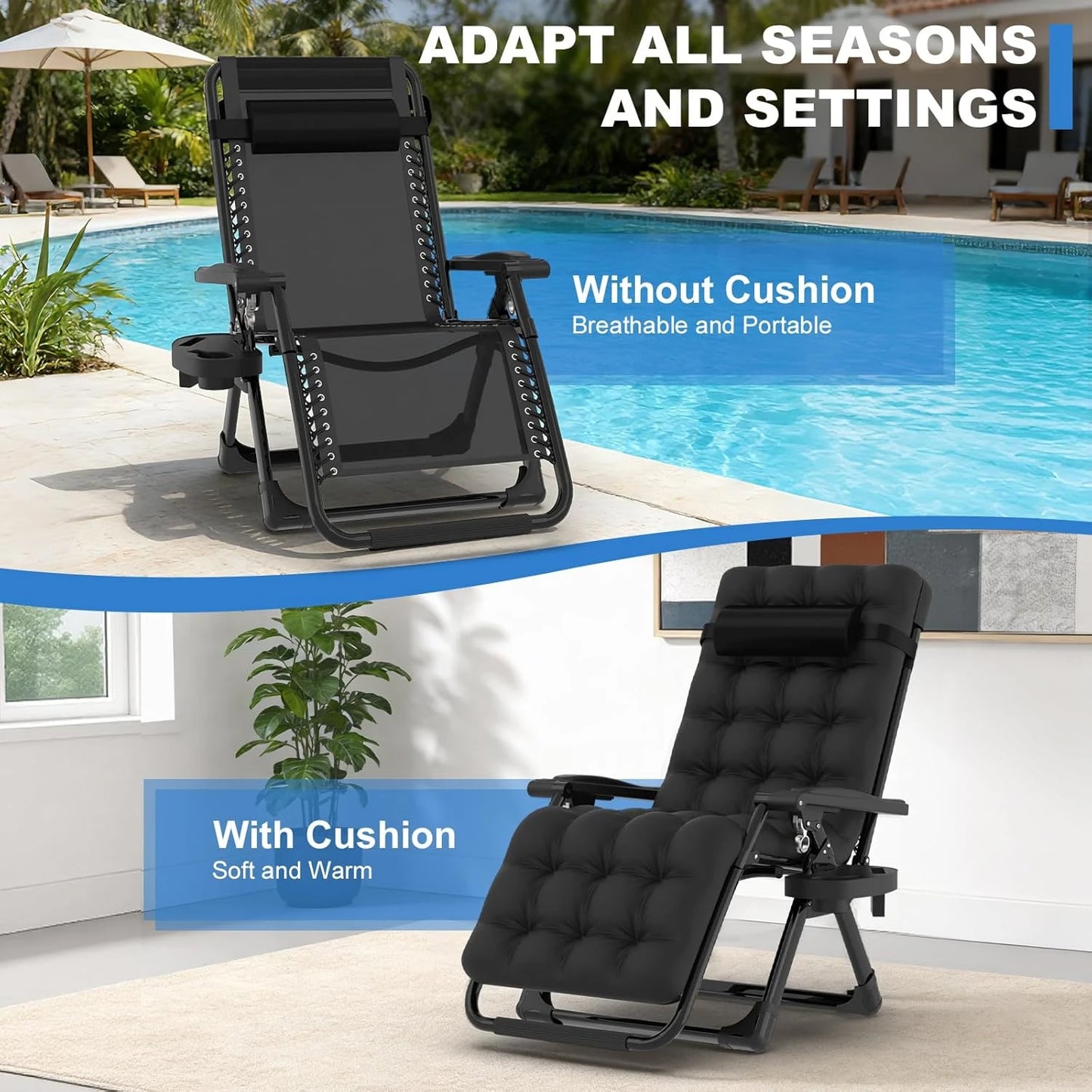3-in-1 Zero Gravity Folding Lounge Chair, Heavy Duty Steel Frame 500LBS Weight Capacity