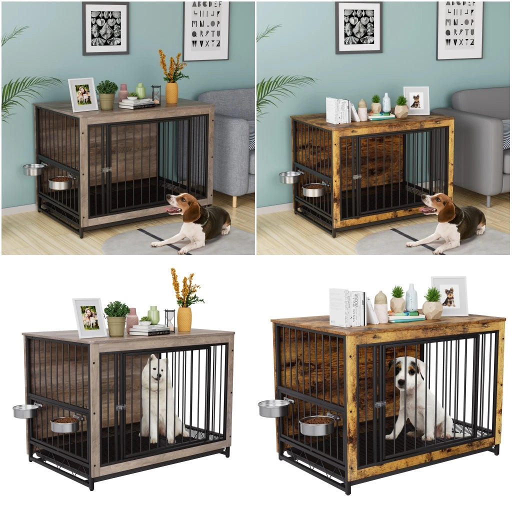 Furniture Style Dog Crate,Wooden Heavy Duty/ Raised Feeder/Dogs 2 Stainless Steel Bowls Brown/Gray