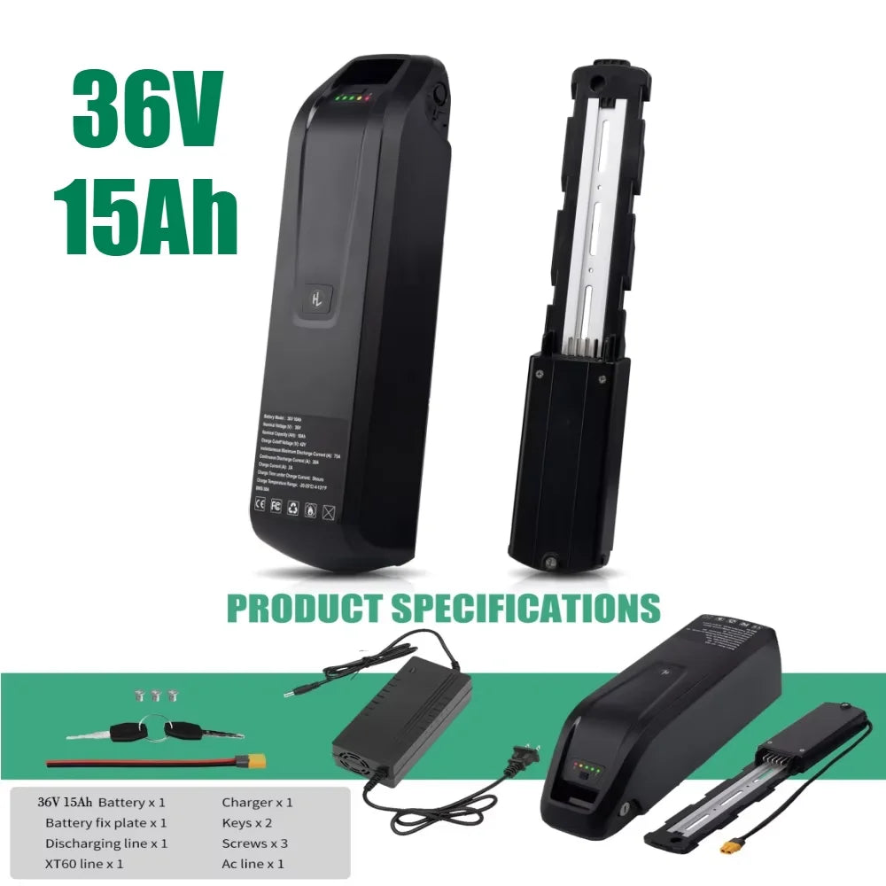 36V 48V Hailong Ebike Battery w/Charger Full Capacity 10Ah 15Ah 20Ah 18650 Lithium Battery Pack