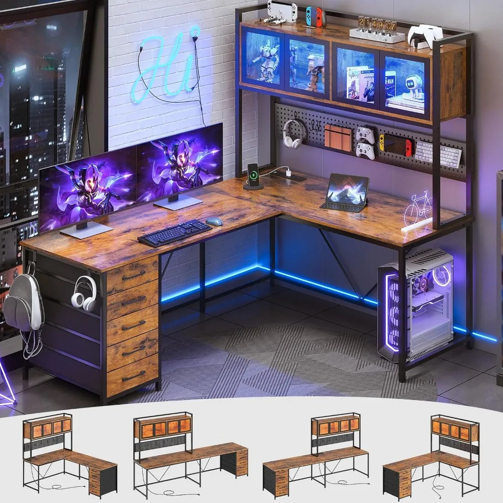 SEDETA L Shaped Gaming Desk with Drawers, L Shaped Computer Desk with Hutch and Storage Shelves