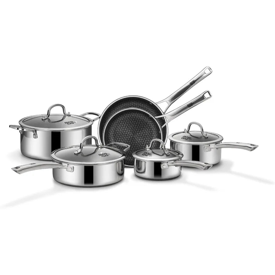 SNOWCLAD Pots and Pans Set Non Stick 10 Pcs Hybrid Stainless Steel Cookware, Frying Pans Saucepans