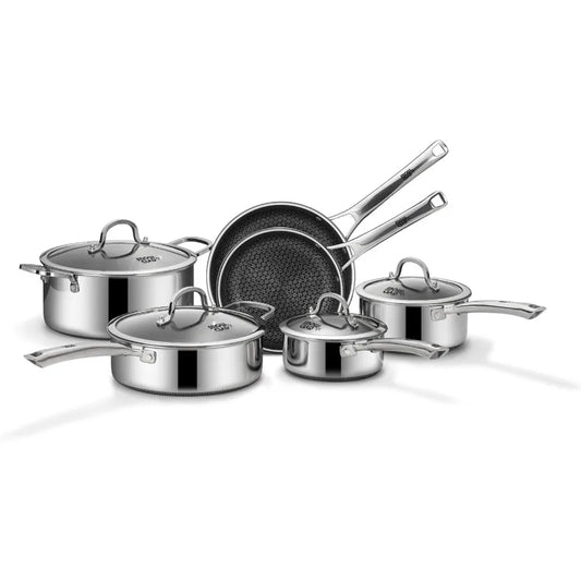 SNOWCLAD Pots and Pans Set Non Stick 10 Pcs Hybrid Stainless Steel Cookware, Frying Pans Saucepans