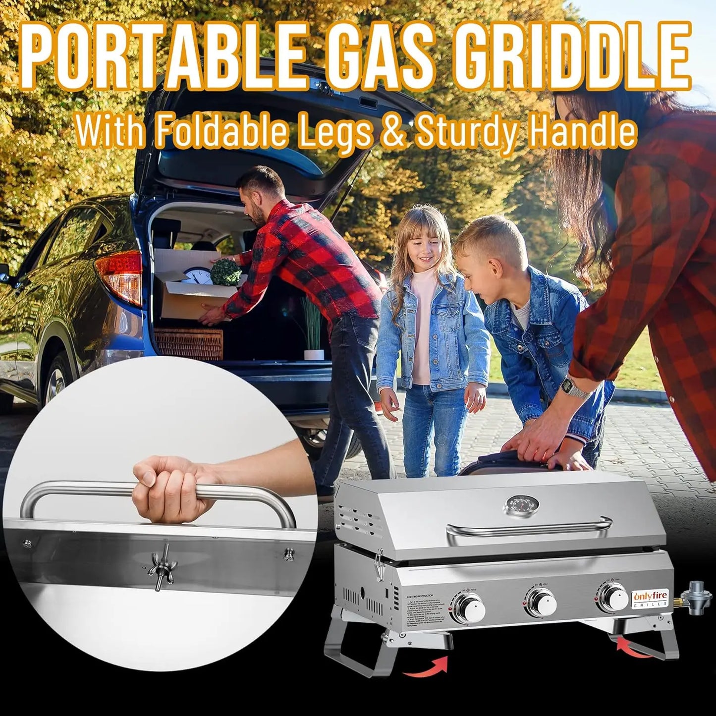 Flat Top Gas Griddle with Foldable Legs, 3-Burner Stainless Steel Propane Gas Grill Griddle