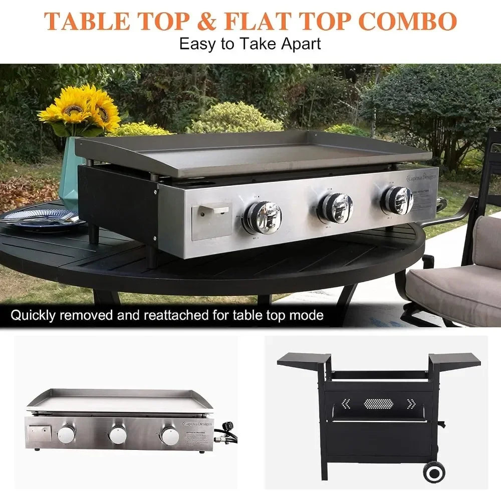 BBQ Grill Flat Top Gas Griddle Grills With Lid 3-Burner Propane BBQ Grills Outdoor Cooking Station