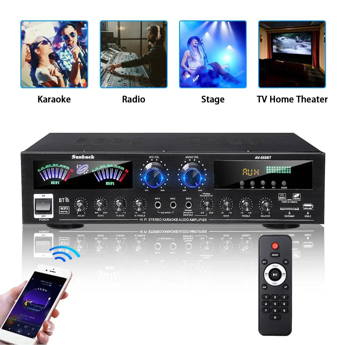 AV555BT 4000W 5CH Home Theater 12V bluetooth Home Power Amplifier Audio Stereo amplificador FM USB