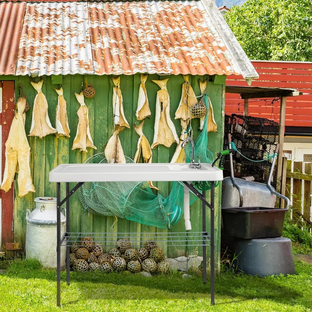 Folding Fish Cleaning Table with Sink, Portable Camping Sink Table with Grid Rack & Sprayer