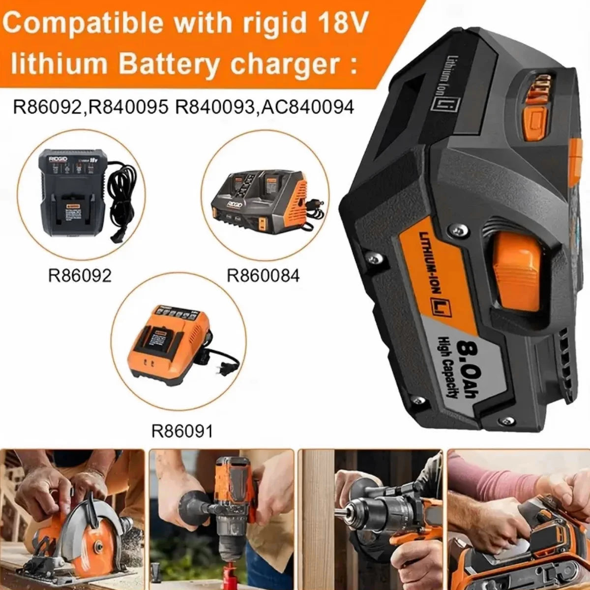 Upgraded R840087 18V 8.0Ah Lithium Battery/RIDGID 18V R840083, R840085, AC840085, Cordless
