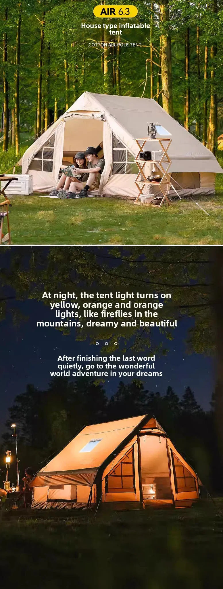 Inflatable tent camping for 1-6 people, hand pump inflation tent, w/skylight and chimney waterproof
