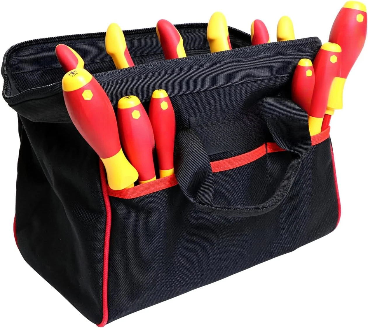 Canvas tool bag containing 11 Master Electrician insulated tools.