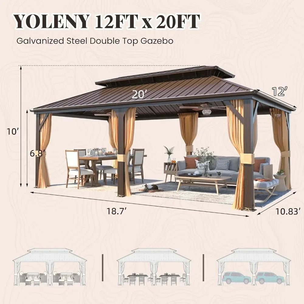 12' X 20' Hardtop Gazebo, Galvanized Steel Ventilation Double Roof Aluminum Frame, Curtains/Netting