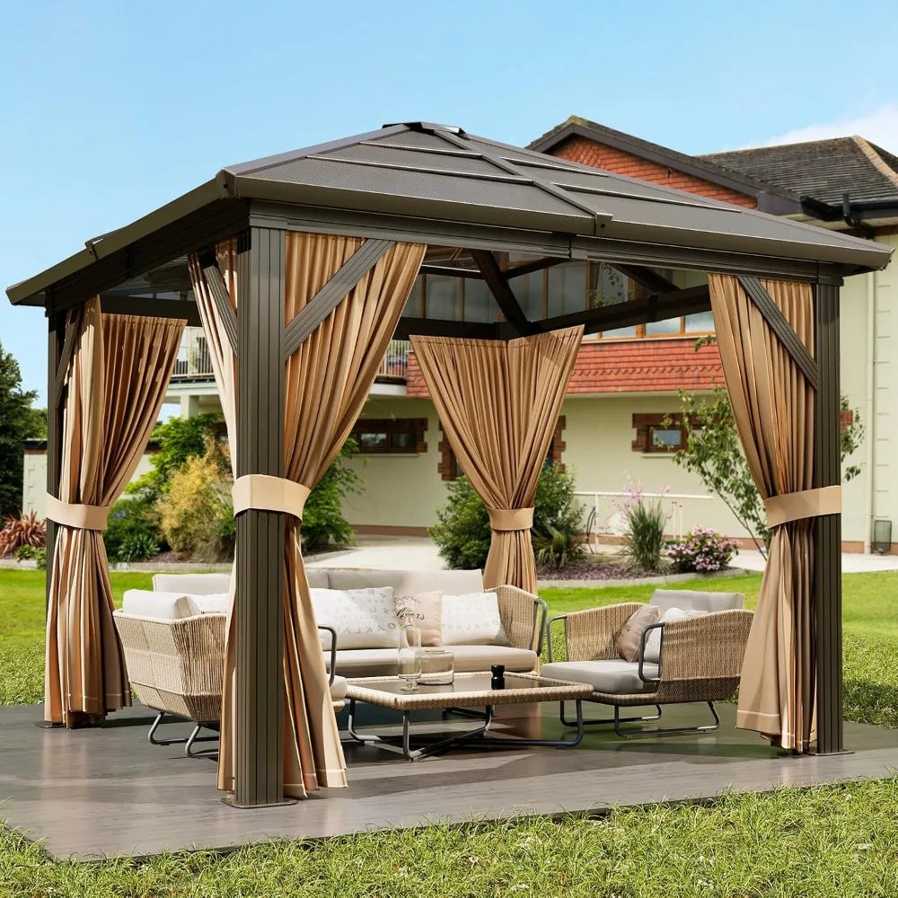 Aluminum Framed Pavilion w/Double Polycarbonate Roof, Curtains, and Netting for 10x12 Gazebo