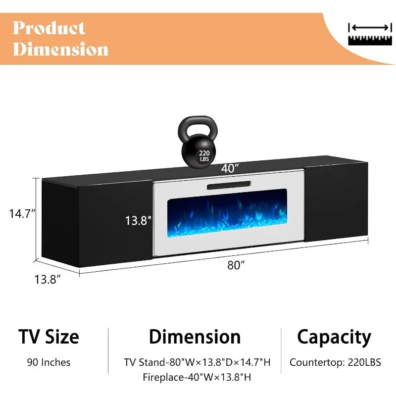 Floating TV Stand w/ 36" Electric Fireplace,High Gloss Finish Wall Mounted Entertainment Center