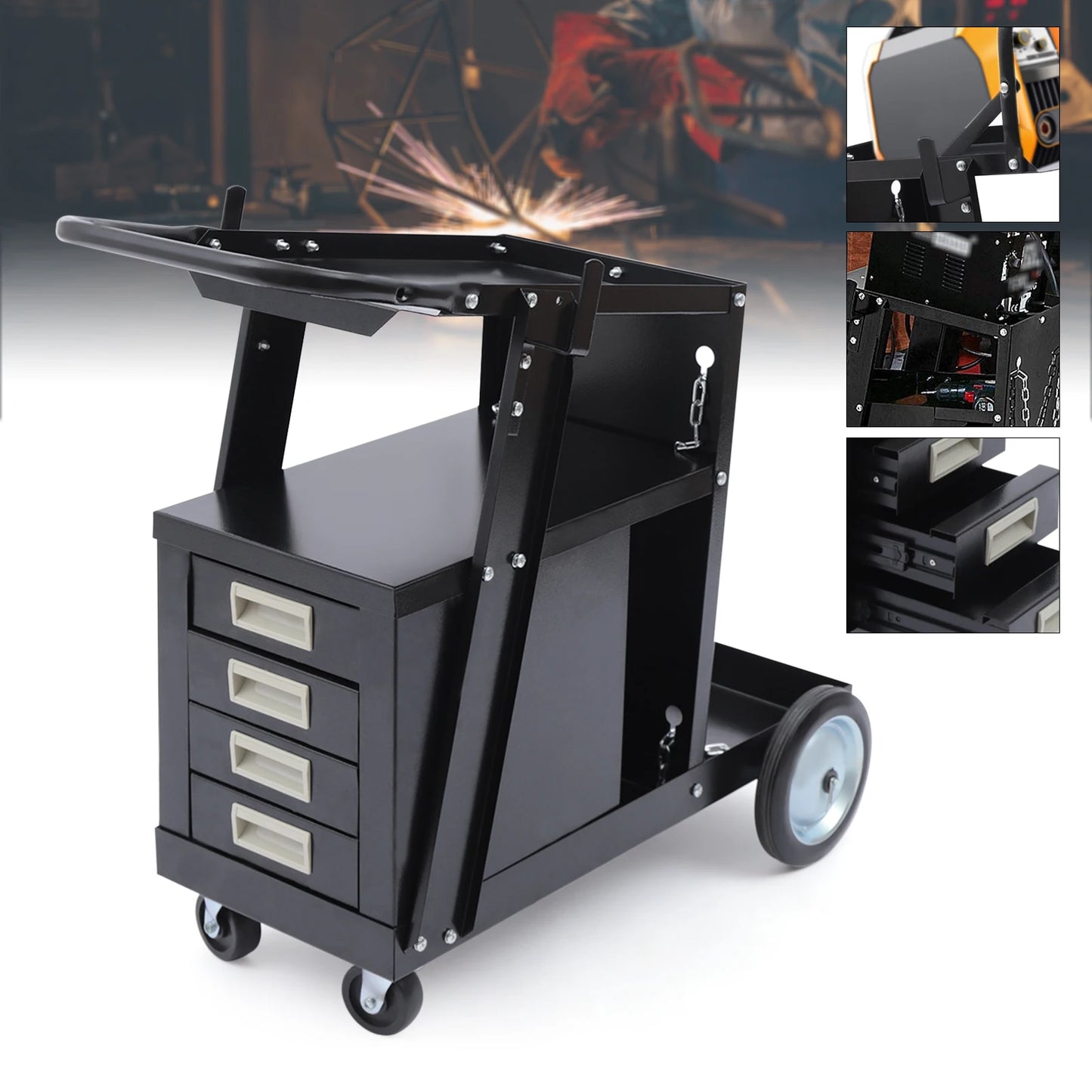 Black Heavy Duty Rolling Welding Cart, With 4 Drawers & Upgraded Wheels & Tank Storage