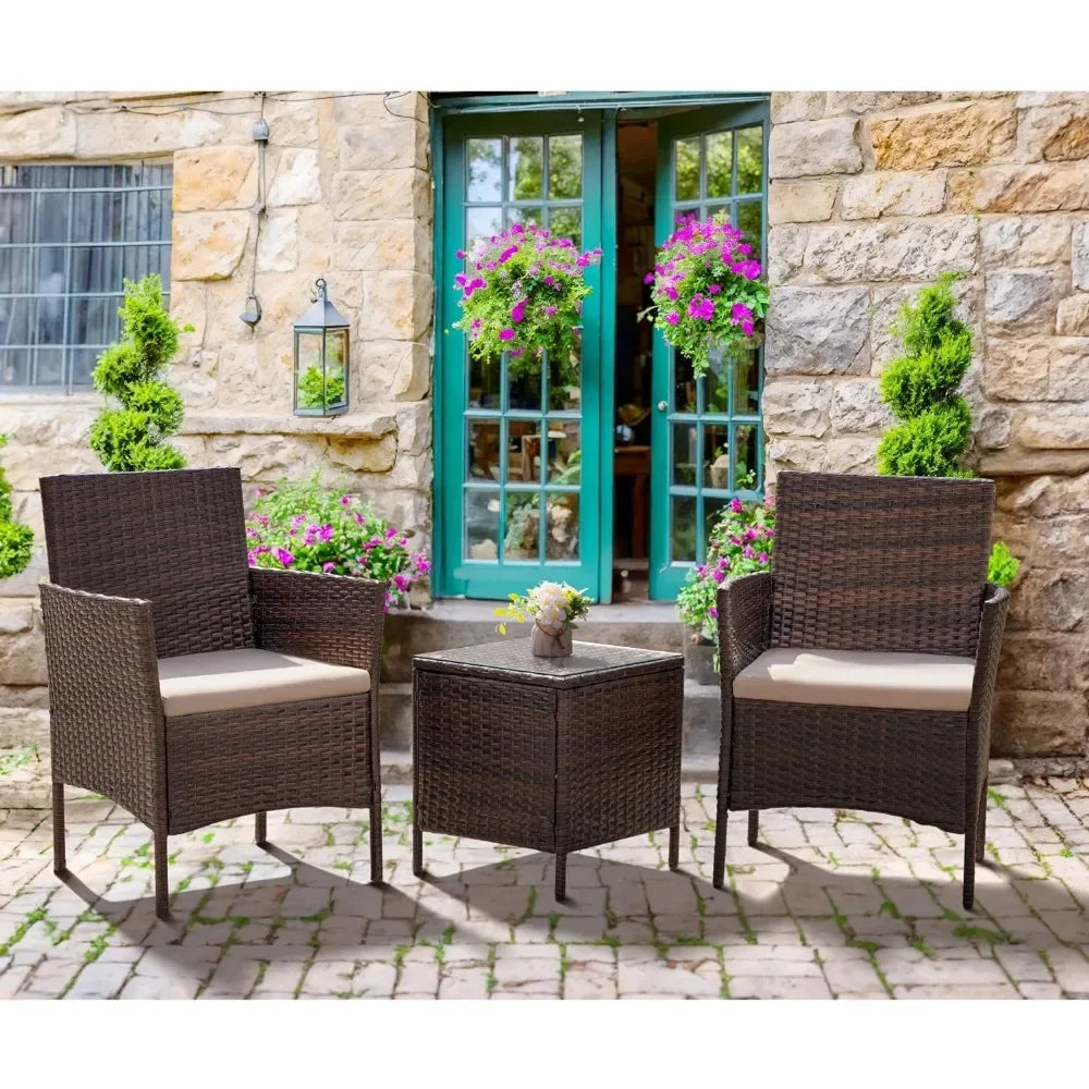 Patio Furniture Set 3 Pieces All-Weather Rattan Outdoor Furniture Chairs w/Tempered Glass Table