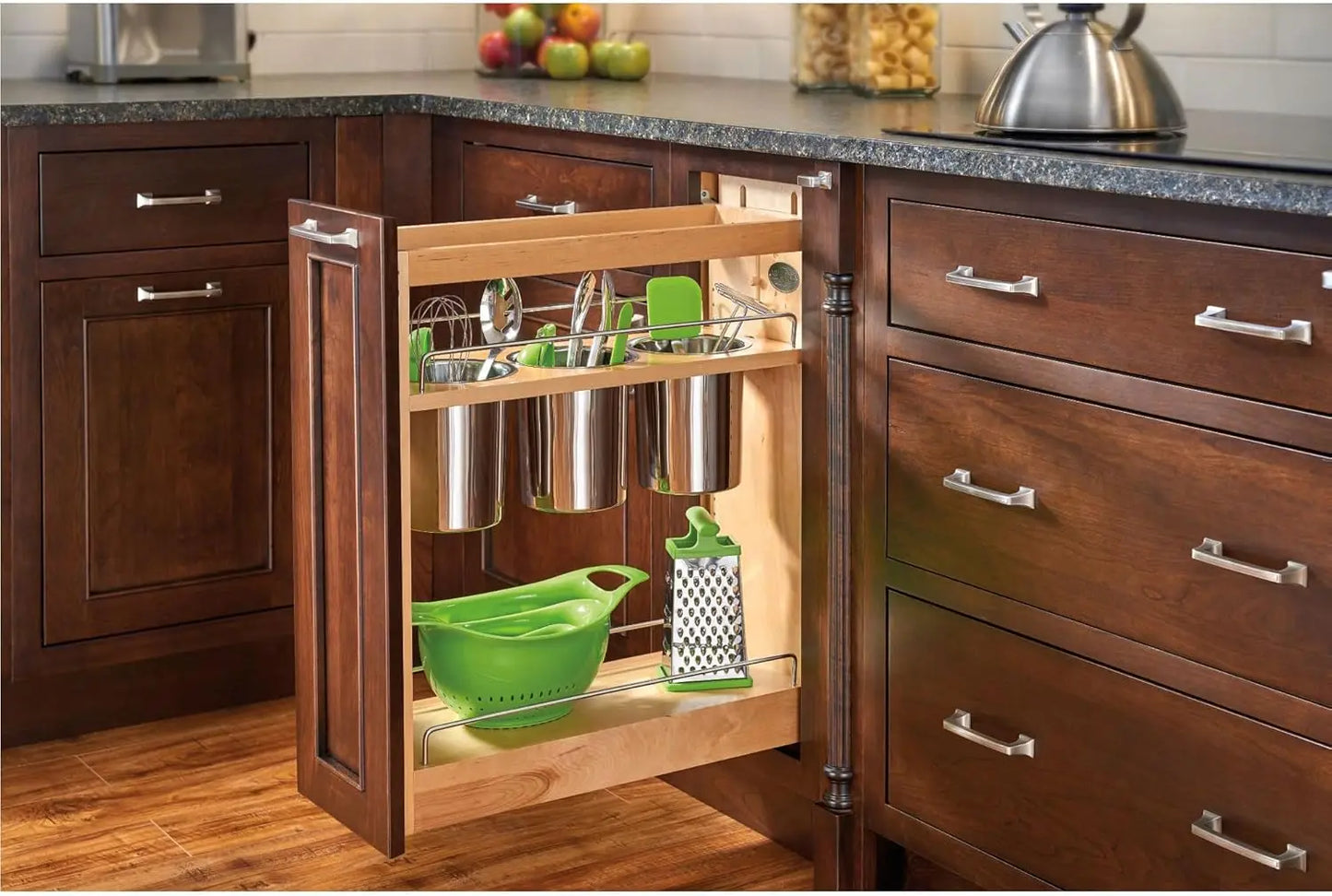 8" Pull Out Storage Organizer for Base Kitchen Cabinets w/Soft-Close, Sliding Shelves for Utilities, 448UT-BCSC-8C