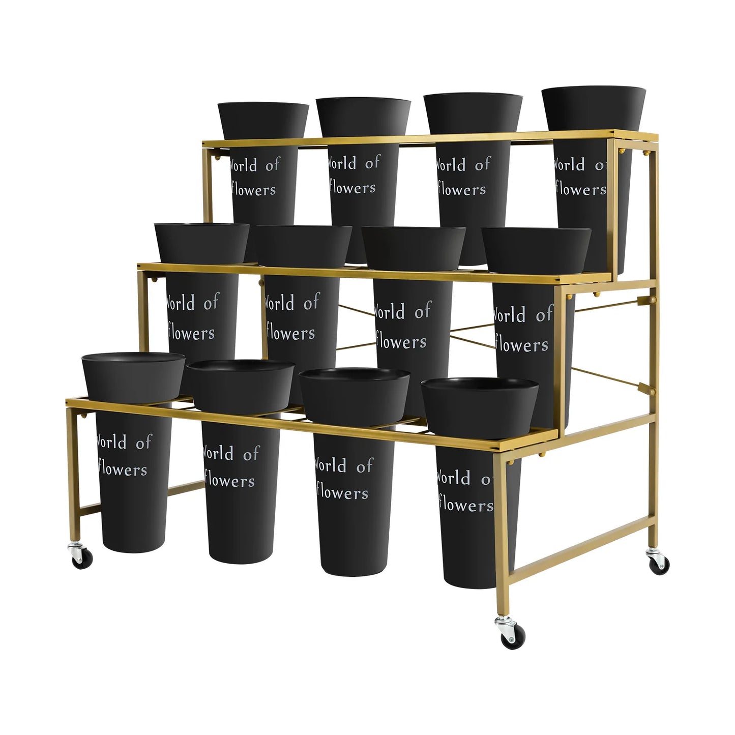 3 Layers Flower Display Stand with 12PCS Black Buckets,Metal Moving Plant Stand w/Wheels Display