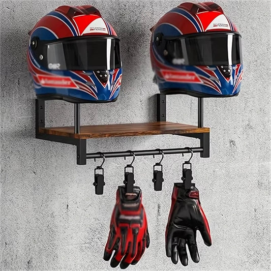 Motorcycle Helmet Wall Mount With Wooden Shelf Hooks Motocross And Bicycle Equipment Sports Brackets