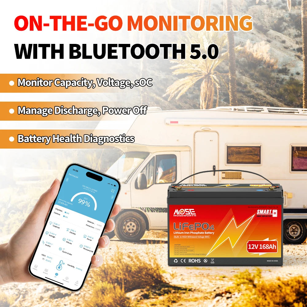 12V 24V LiFePO4 Battery w/Bluetooth 100Ah 140Ah 168Ah Lithium Iron Phosphate Battery Rechargeable