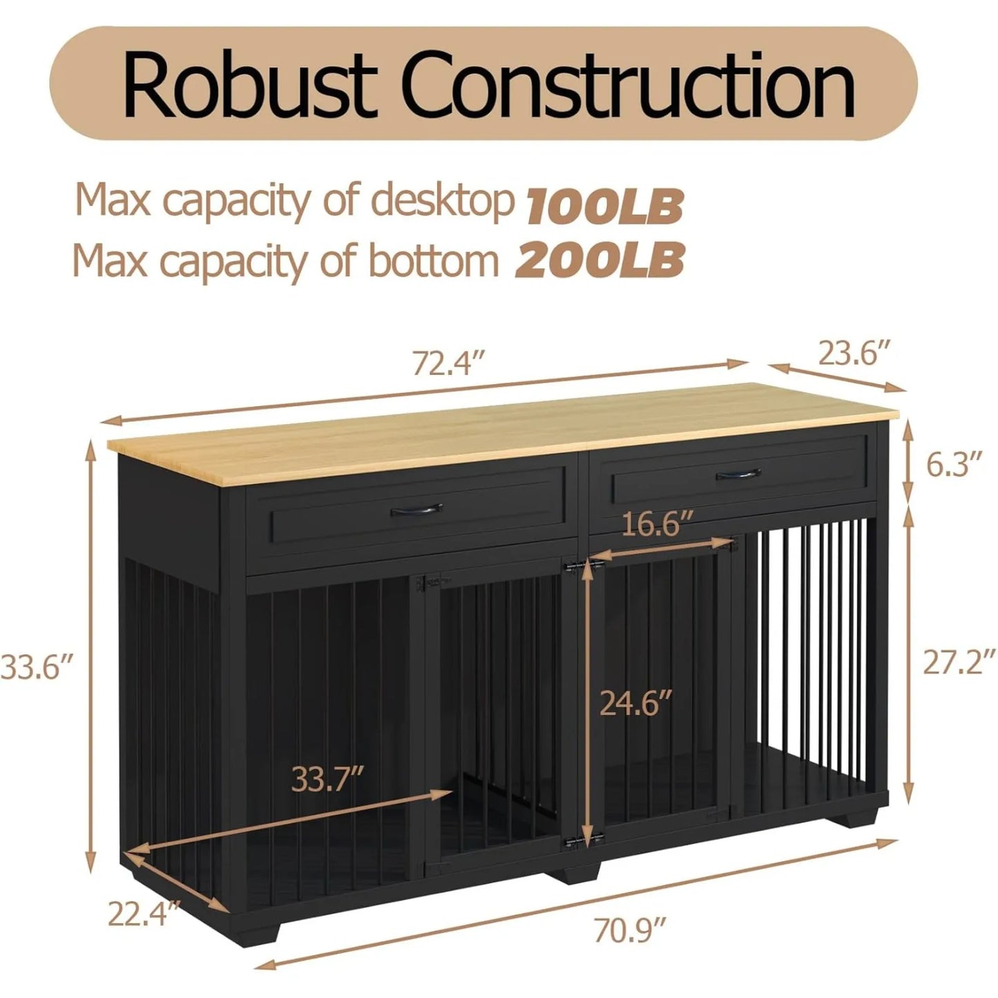 Large Dog Crate Furniture, 72" Wooden with Drawers & Divider For Heavy Duty Indoor Use