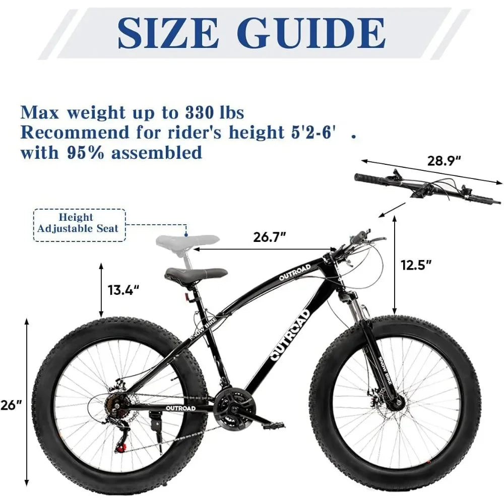 Mountain Bike 26 inch Fat Tire , 21 Speed Dual Front Suspension, Double Disc Brake