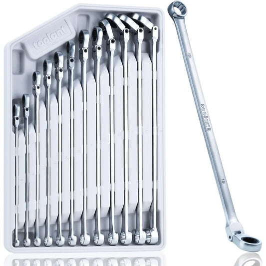 NEW-Extra Long Ratcheting Wrench Set, Flex Head & Fixed Offset Head Double Box End Combination, CR-V