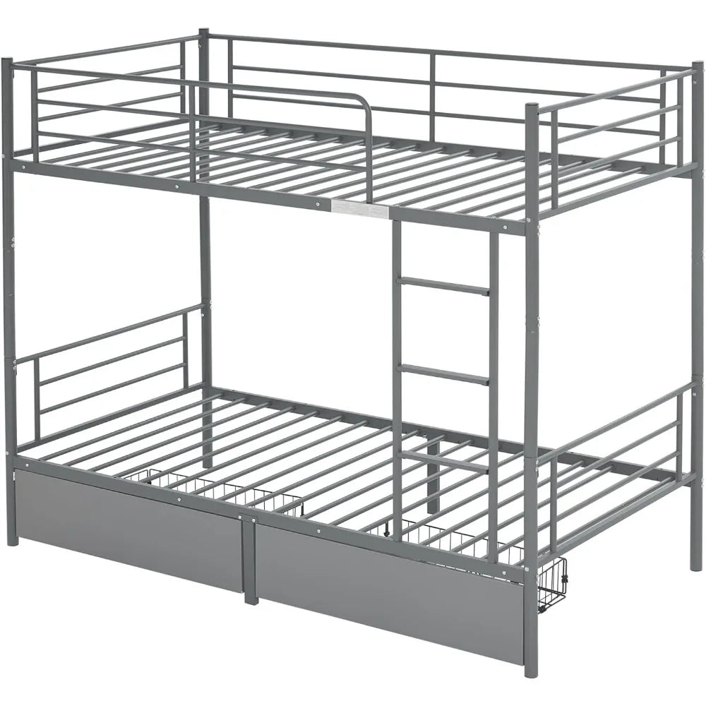 White Bunk Bed Twin Over Twin with 2 Storage Drawers, Metal Bunk Bed with Built-in Ladder